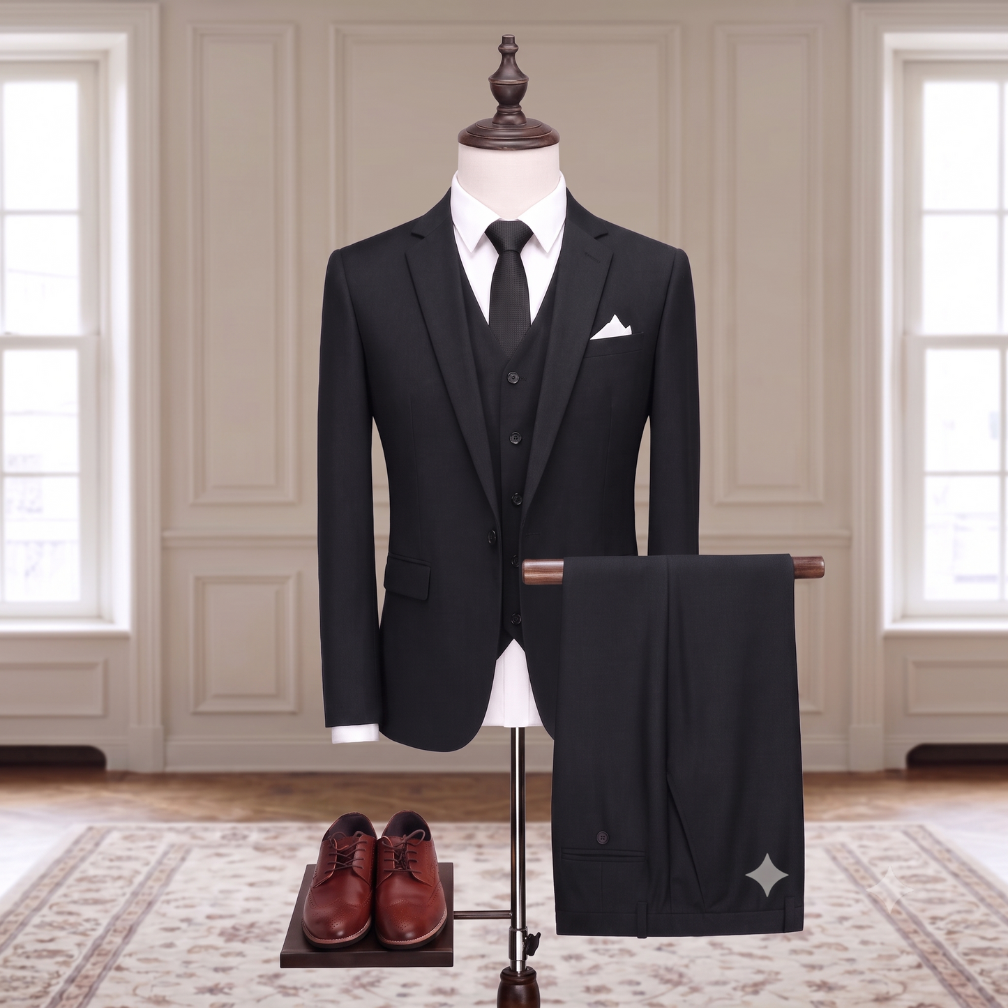 Black suit jacket and vest on a light gray background