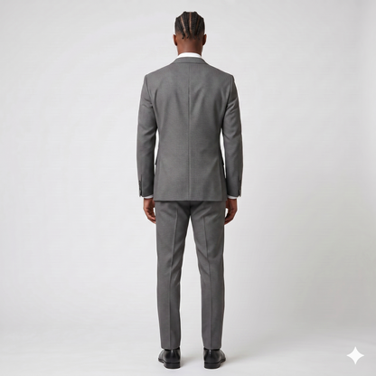 Man wearing a gray suit on a white background