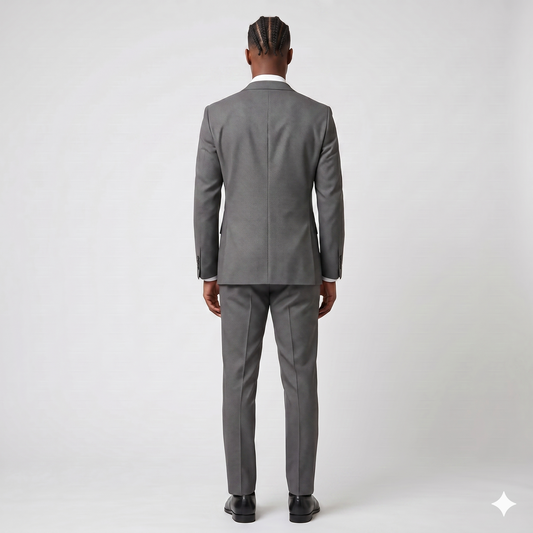 Man wearing a gray suit on a white background