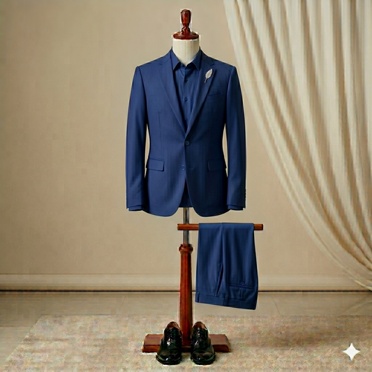 Blue suit on a wooden stand with a beige curtain background