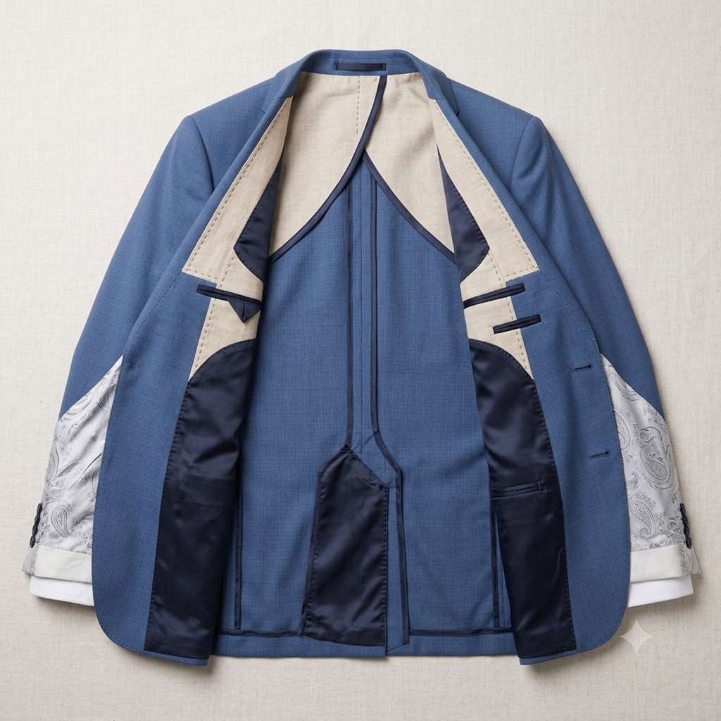A blue tailored jacket with contrasting cream and navy panels, featuring a central front opening, decorative dark tab details, and patterned white cuffs, laid flat against a light beige textured background.