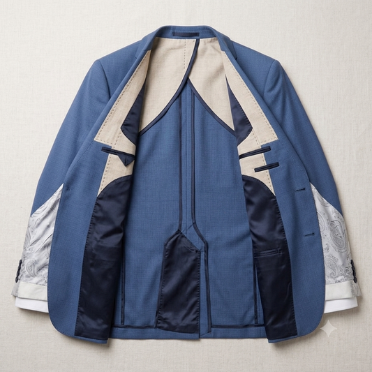 A blue tailored jacket with contrasting cream and navy panels, featuring a central front opening, decorative dark tab details, and patterned white cuffs, laid flat against a light beige textured background.