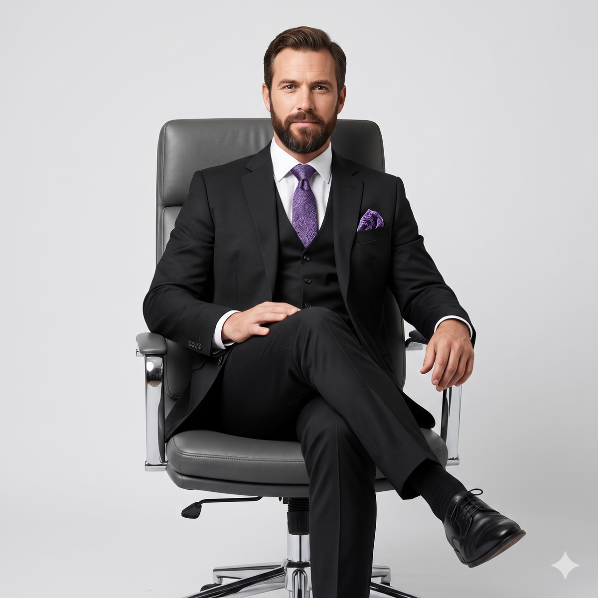 Man in a black suit with a purple tie sitting on a gray chair against a light gray background