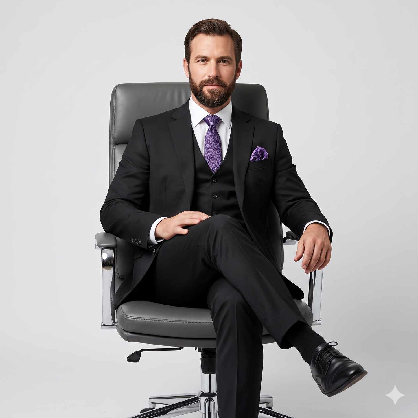 Man in a black suit with a purple tie sitting on a gray chair against a light gray background