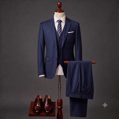 A navy blue three-piece suit displayed on a mannequin, styled with a white dress shirt, a blue and white striped tie, and a white pocket square. The matching trousers are draped over a stand to the right, and a pair of dark brown dress shoes sits on a small wooden platform below.