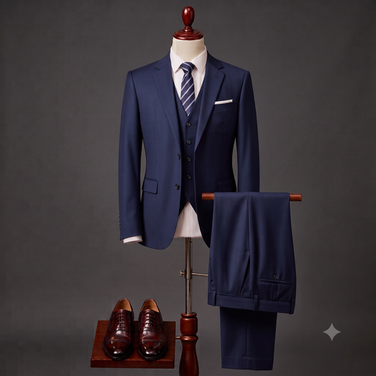 A navy blue three-piece suit displayed on a mannequin, styled with a white dress shirt, a blue and white striped tie, and a white pocket square. The matching trousers are draped over a stand to the right, and a pair of dark brown dress shoes sits on a small wooden platform below.