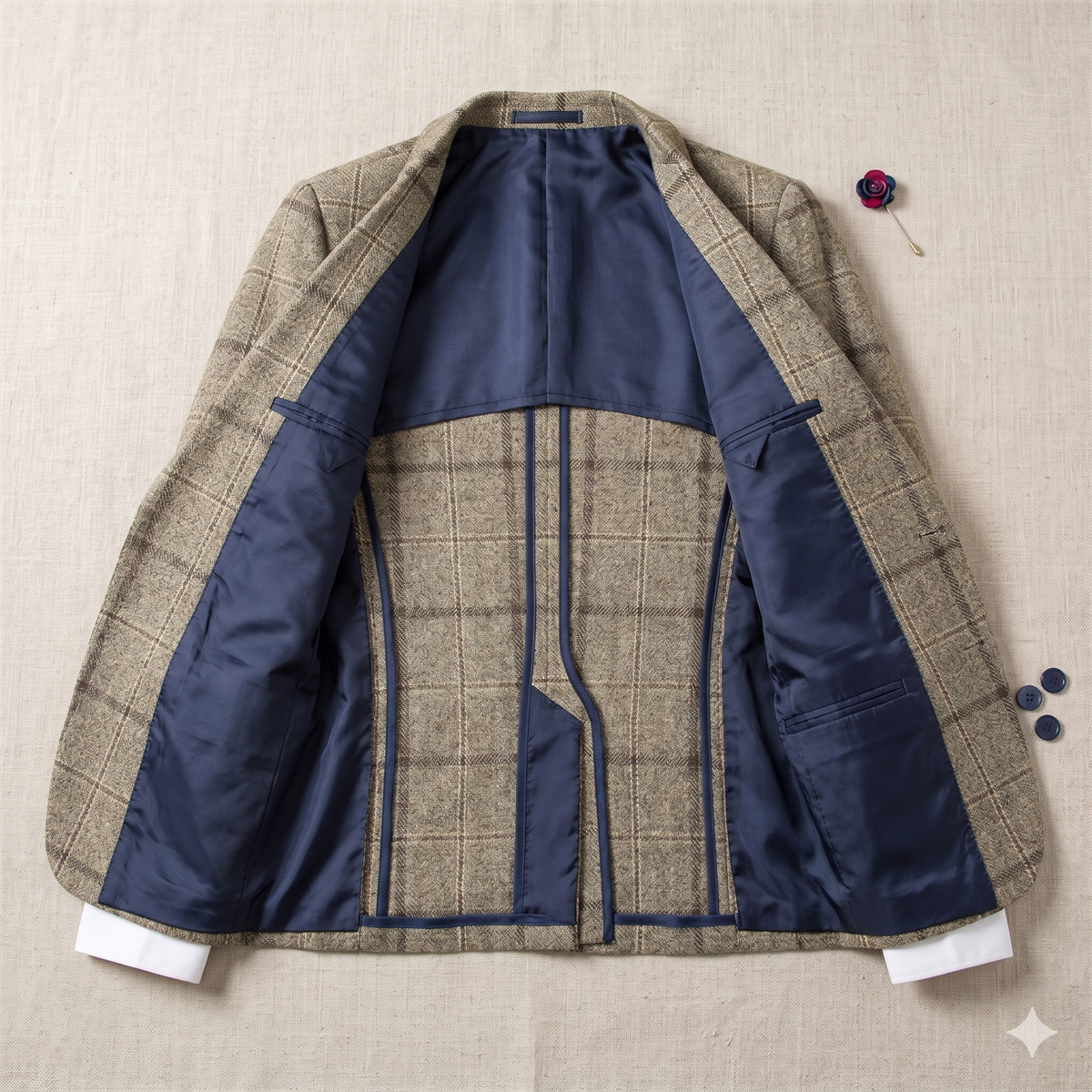Plaid jacket with blue lining on a beige background