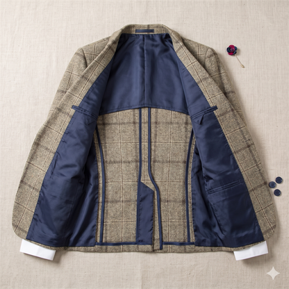 Plaid jacket with blue lining on a beige background