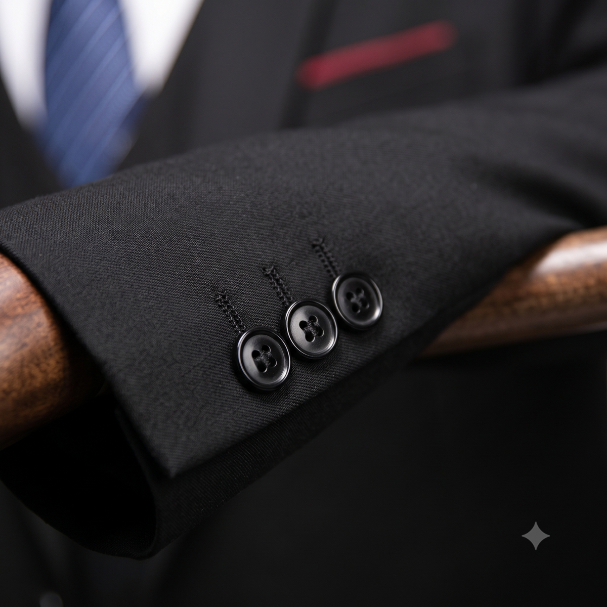 Close-up of a black suit cuff with three buttons, blurred background