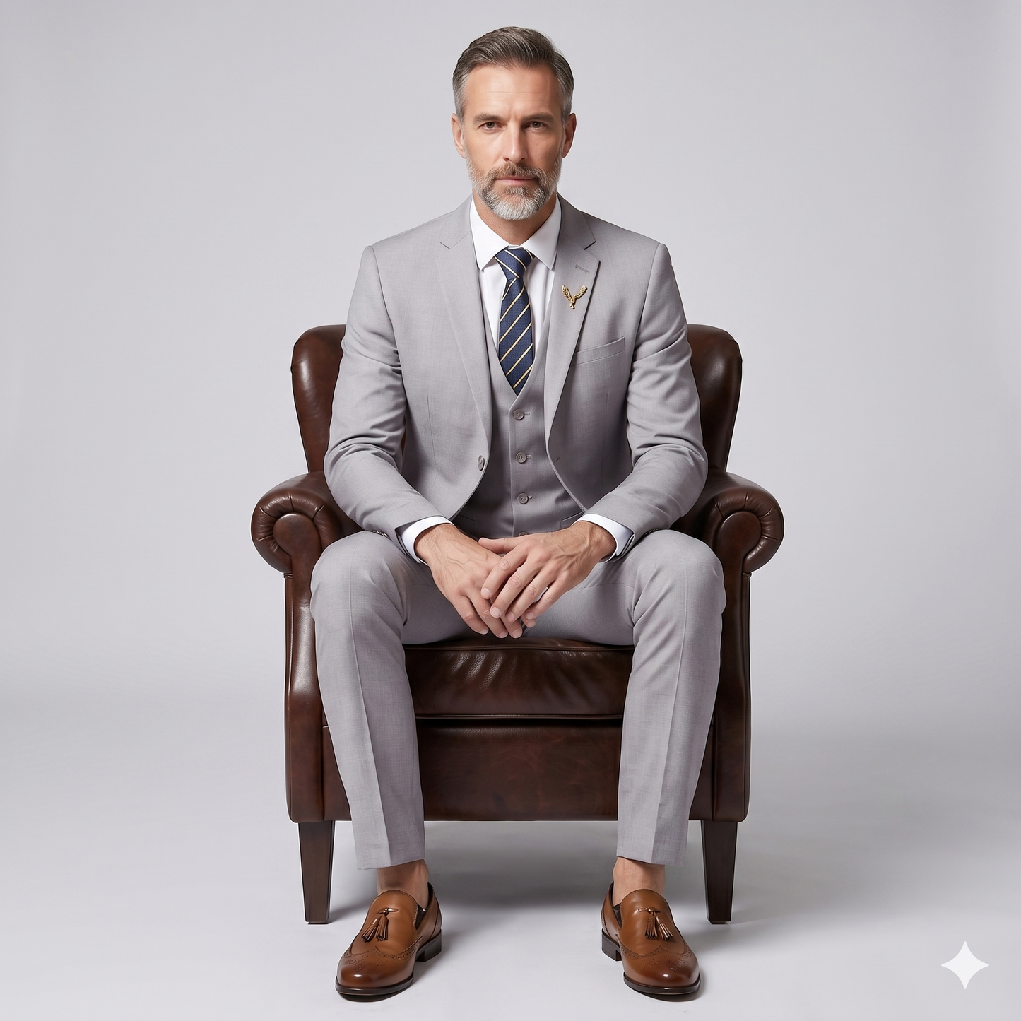 Man in a gray suit sitting on a brown leather armchair against a light gray background