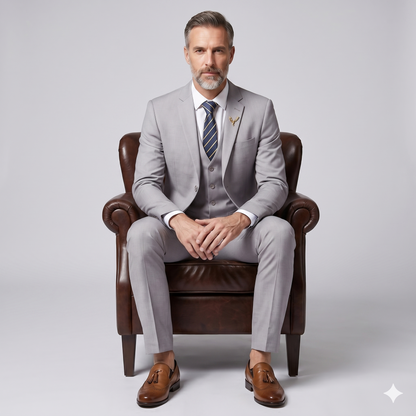 Man in a gray suit sitting on a brown leather armchair against a light gray background