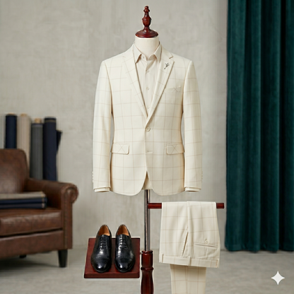 Beige checkered suit on a mannequin with shoes in a room setting.