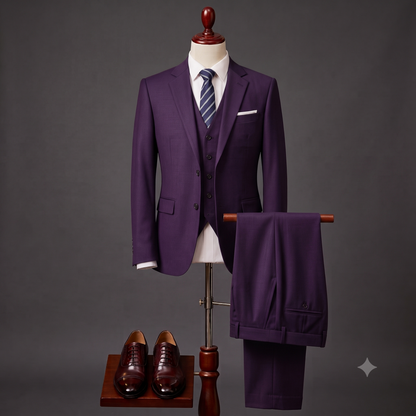 A three-piece purple suit displayed on a mannequin, including a jacket, vest, and trousers, styled with a striped tie and white pocket square. A pair of dark brown dress shoes is displayed on a stand below on a dark gray background.