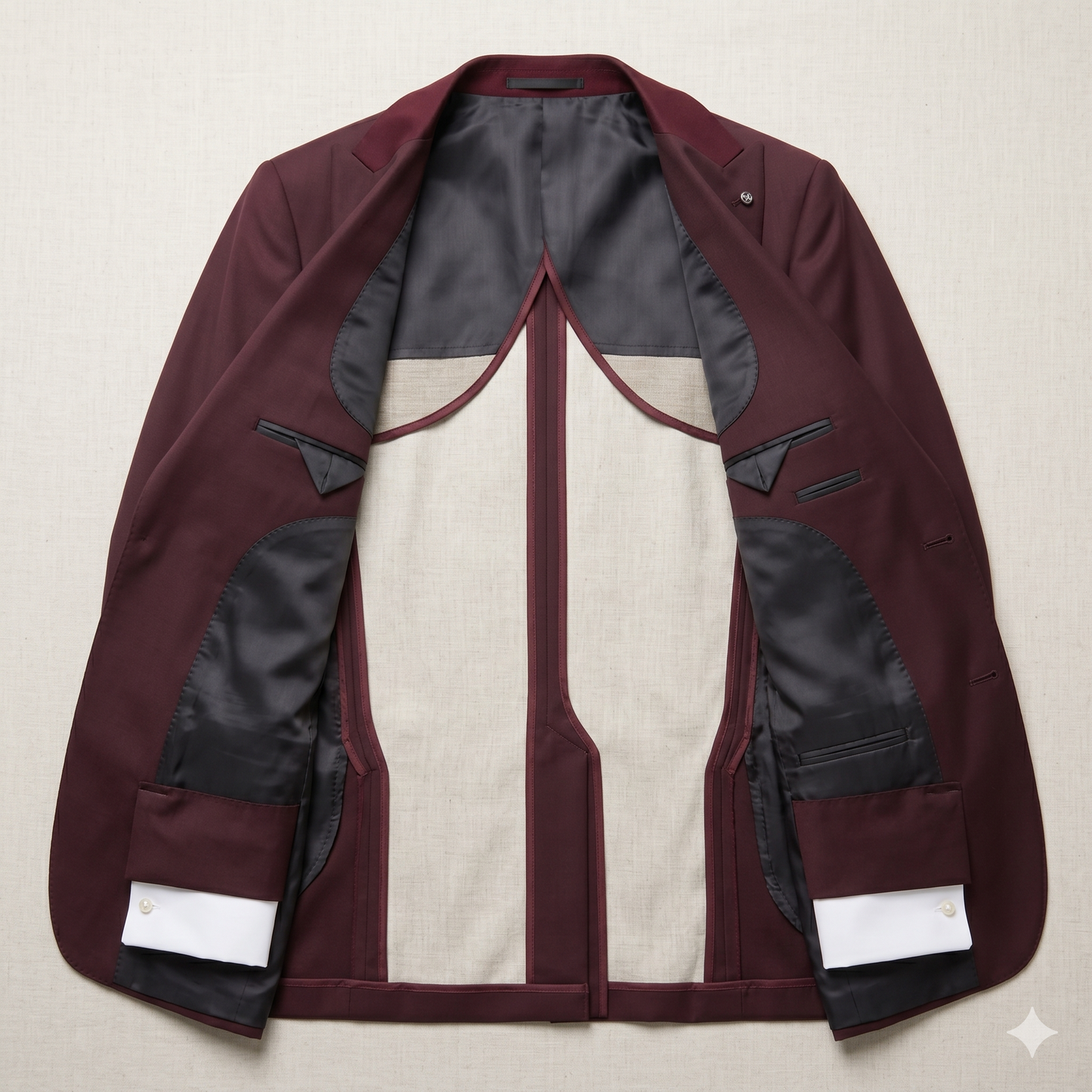 Maroon blazer with black and white accents on a beige background