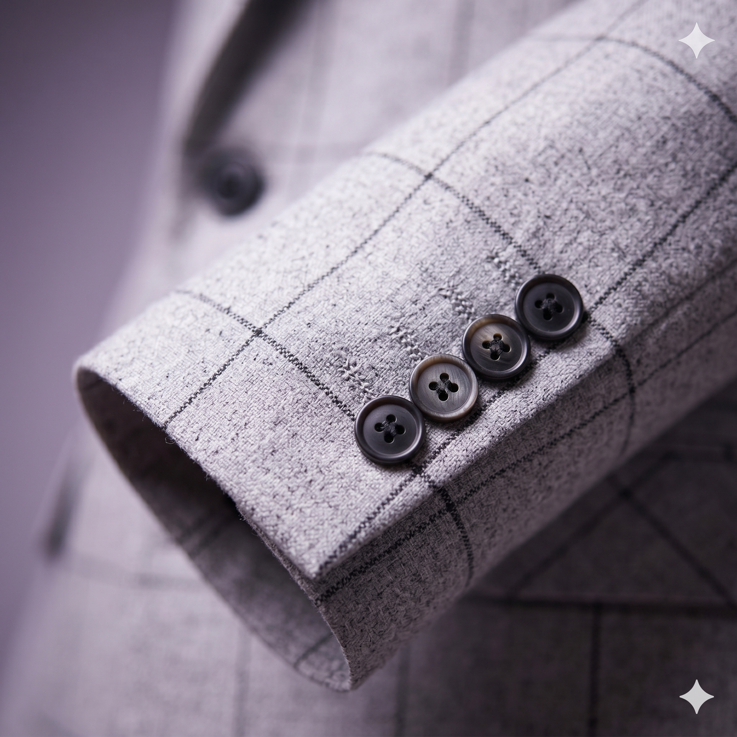 Close-up of a gray textured coat with buttons on a blurred background