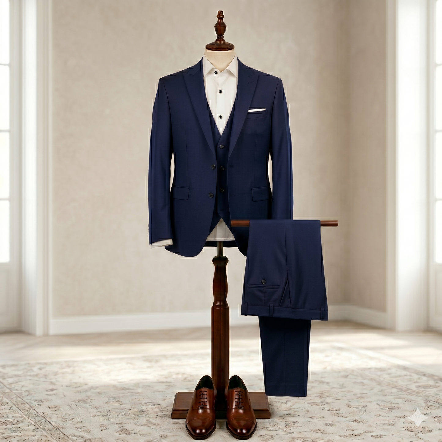 Navy blue suit on a mannequin against a neutral background