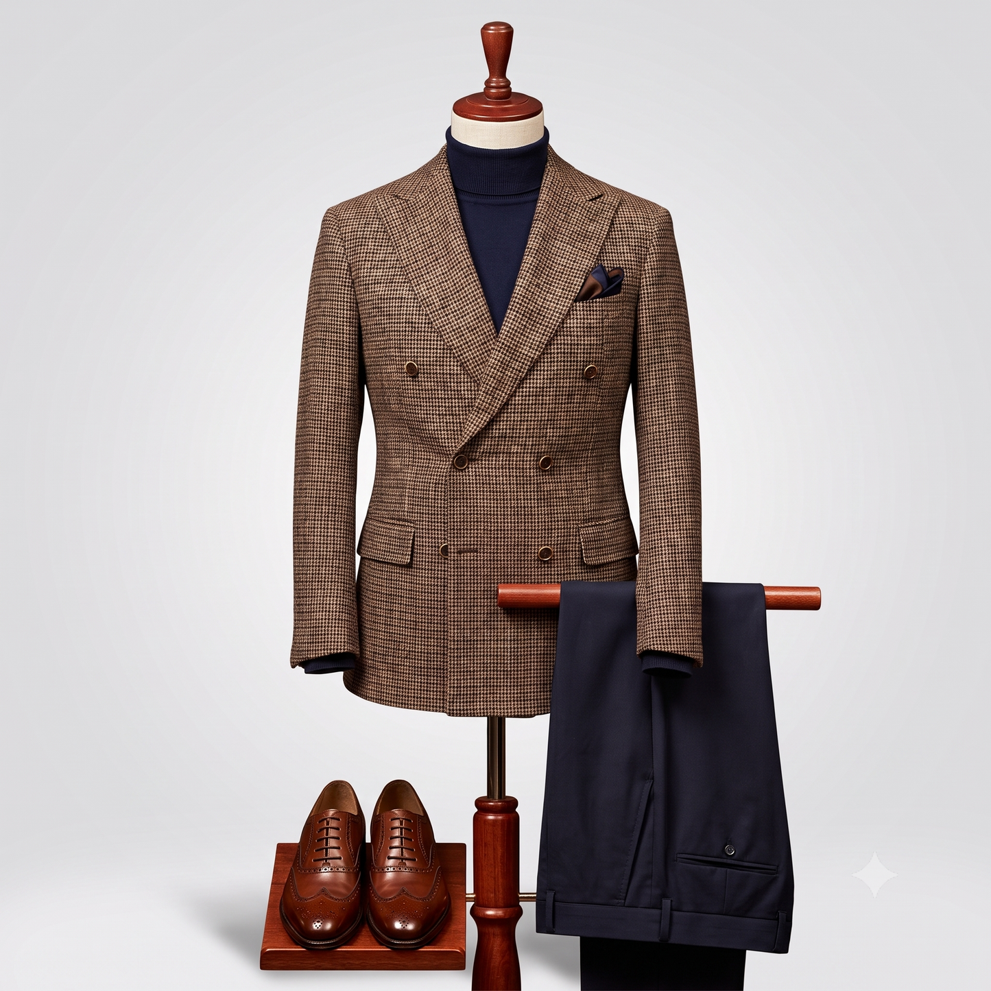 A men's tailored suit displayed on a dress form and hanger against a light gray studio background. The set includes a brown and tan check double-breasted blazer, matching trousers, a dark navy turtleneck, brown leather dress shoes, and a pocket square.