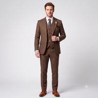 A man modeling a three-piece brown pinstripe suit with a matching vest and trousers, styled with a white dress shirt, a striped tie, and brown leather dress shoes against a light gray studio background.