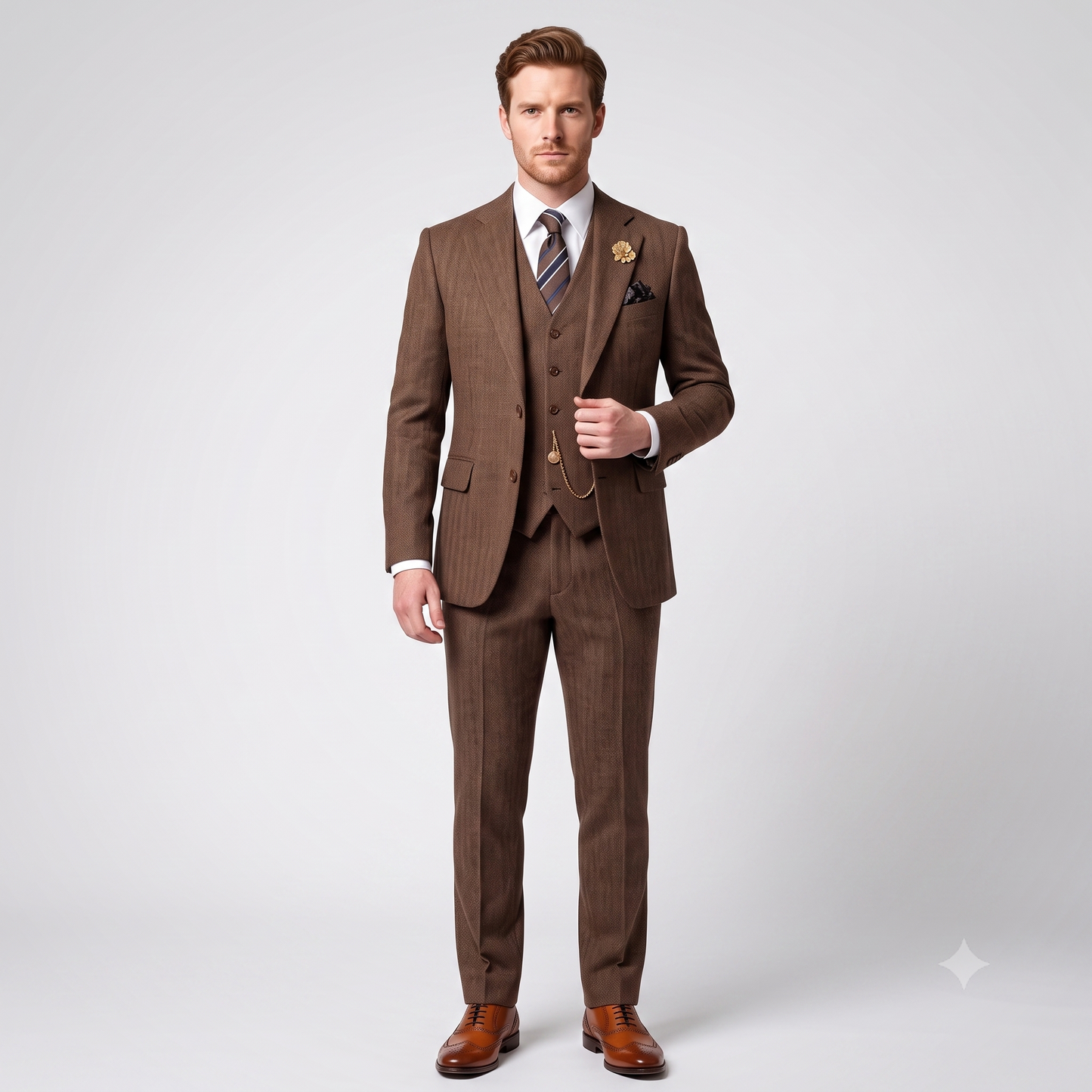 A man modeling a three-piece brown pinstripe suit with a matching vest and trousers, styled with a white dress shirt, a striped tie, and brown leather dress shoes against a light gray studio background.