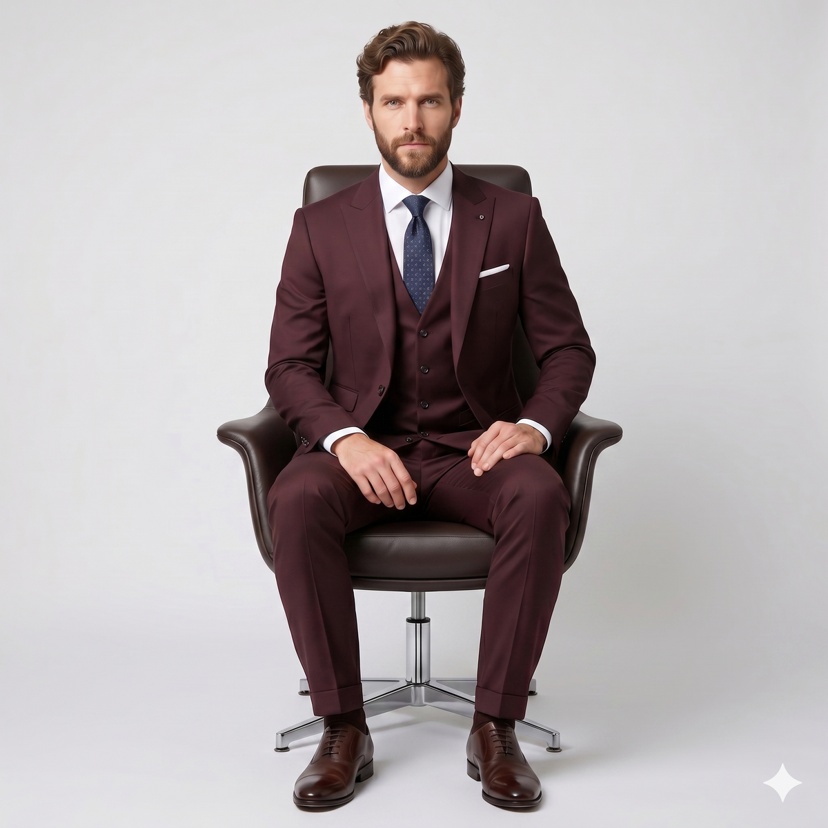 Man wearing a burgundy suit with a blue tie sitting on a chair against a white background