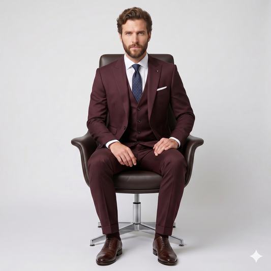 Man wearing a burgundy suit with a blue tie sitting on a chair against a white background