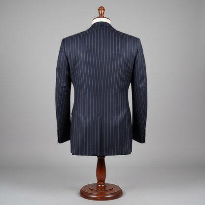 Back view of a navy pinstripe men’s suit displayed upright on a wooden stand. Slim-fit jacket with clean vertical stripes and structured shoulders. Shown against a soft studio background with even lighting to highlight the tailoring and back panel details. ratio 250:250