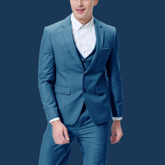 Man wearing a blue suit with a white shirt on a white background