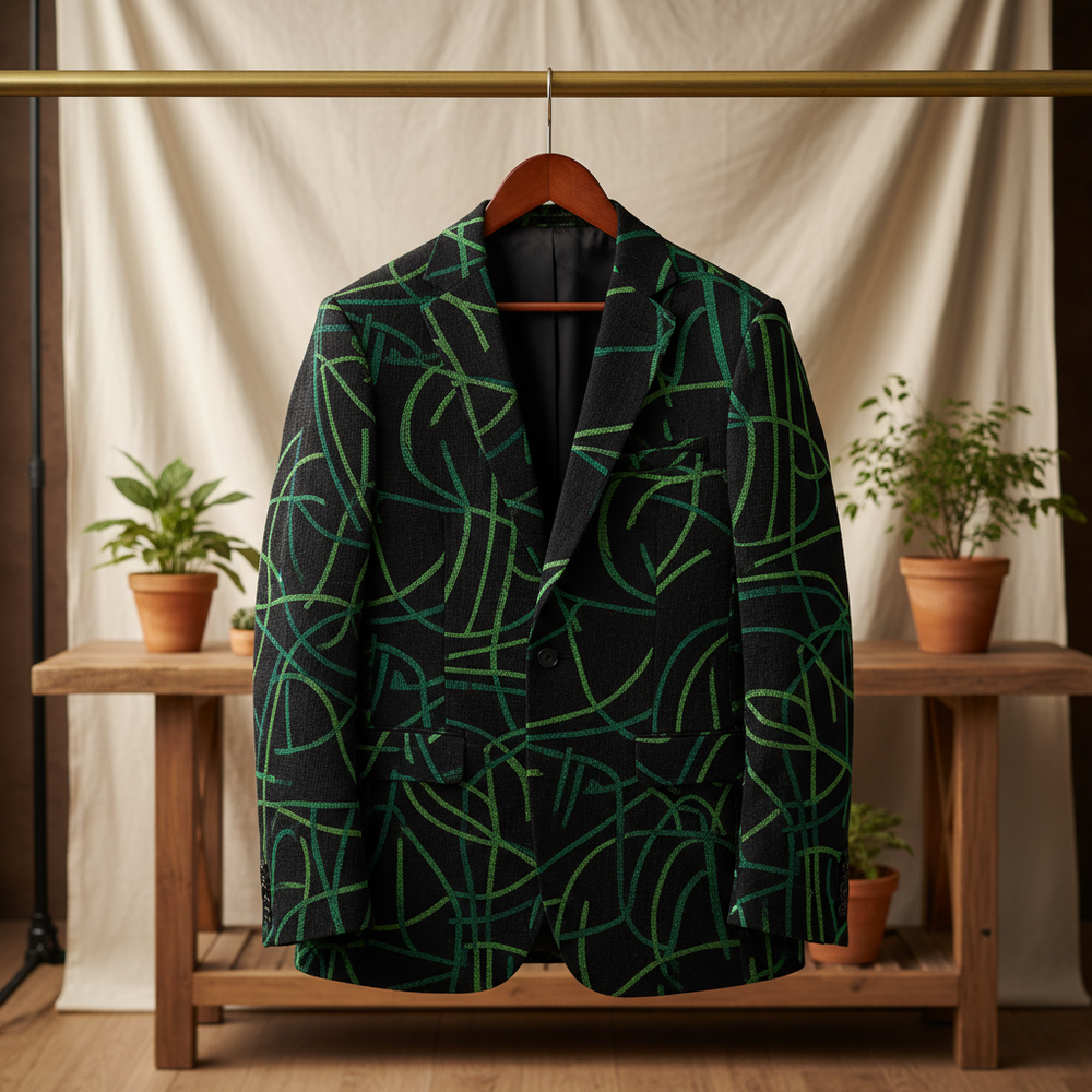 Men’s statement blazer displayed on a wooden hanger, featuring a slim-fit cut and bold green abstract line pattern over a black base. Presented in a warm studio setting with soft lighting to emphasize the fabric texture and graphic detailing 250:250
