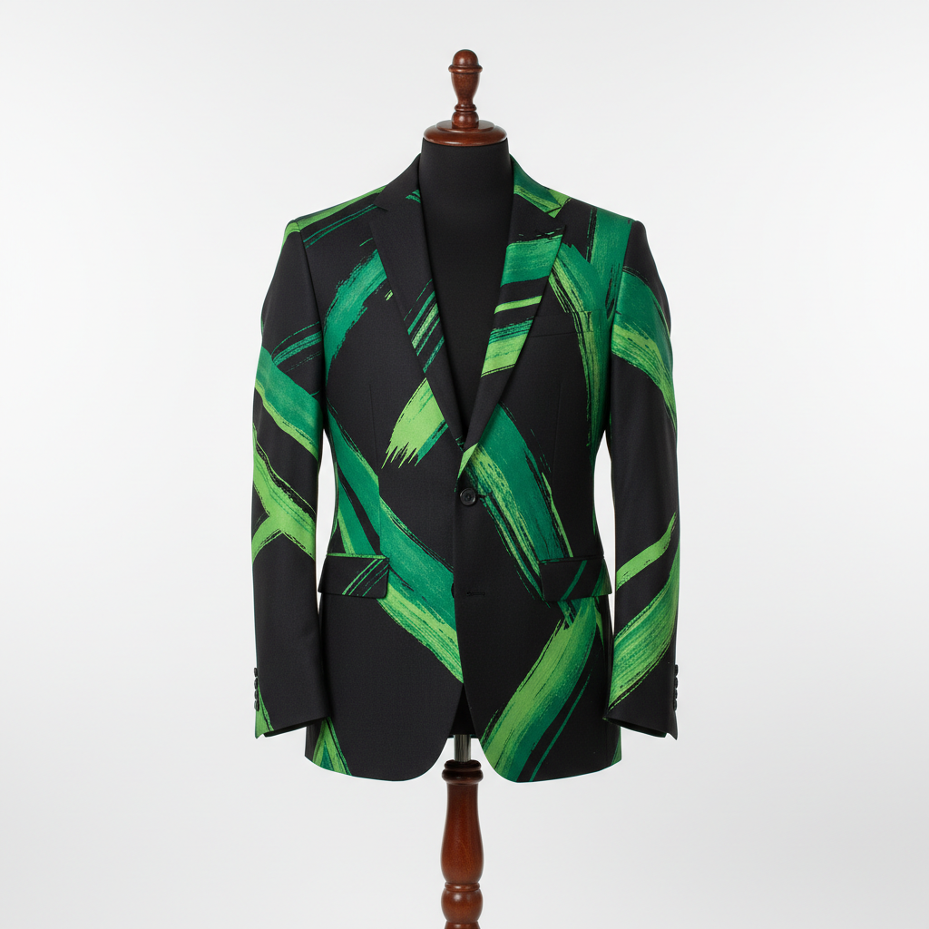 Men’s statement blazer displayed upright on a wooden stand. Slim-fit jacket crafted in black fabric with bold green abstract brush-stroke lines throughout, finished with a notched lapel and single-button closure. Clean studio background with soft, even lighting highlighting the pattern and texture 250:250