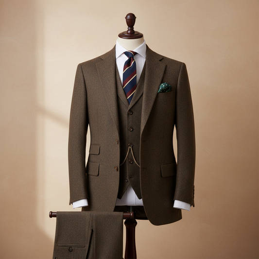 Brown suit on a mannequin against a beige background