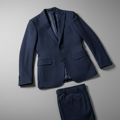 Navy blue suit jacket and pants on a light gray background
