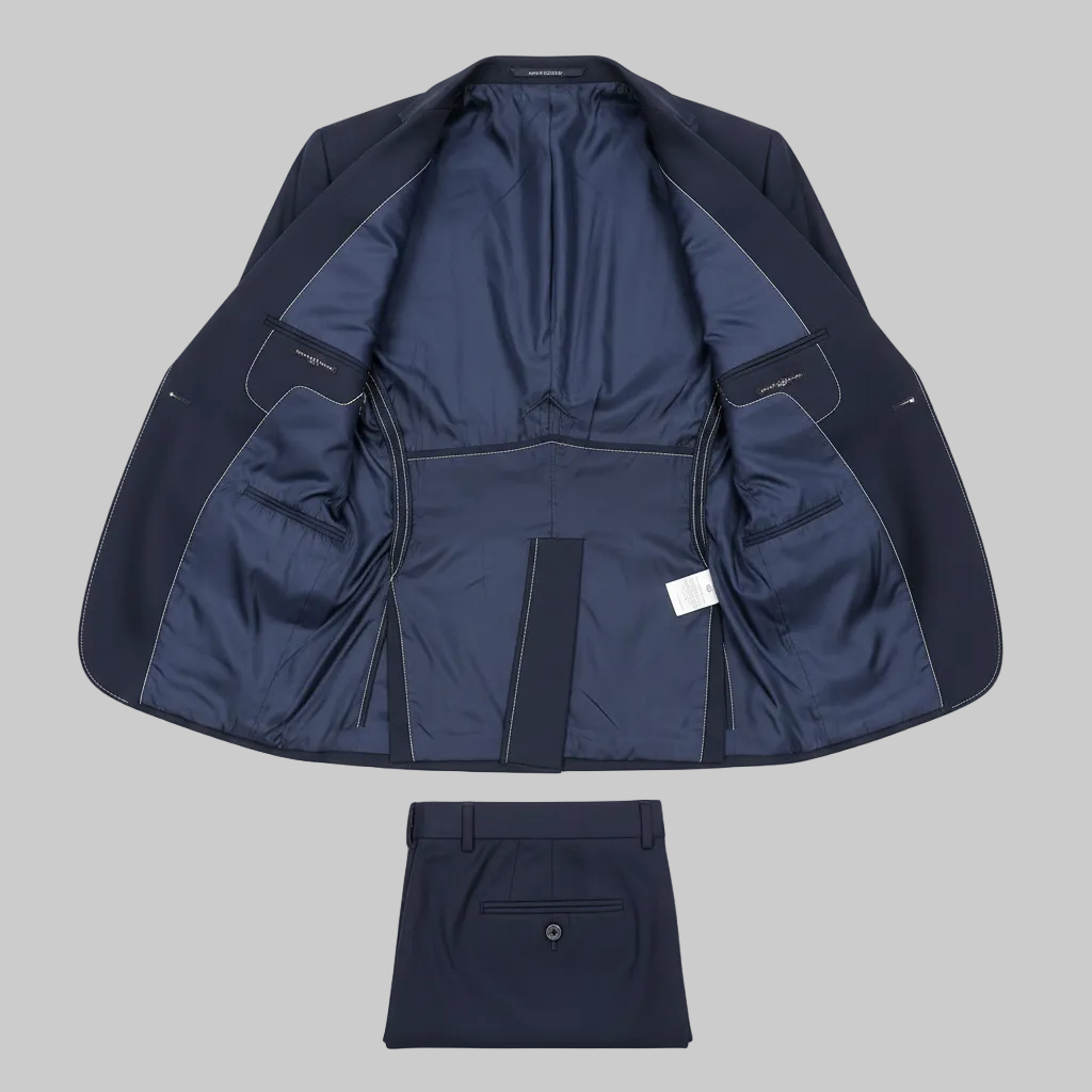 Navy blue suit jacket and pants on a white background