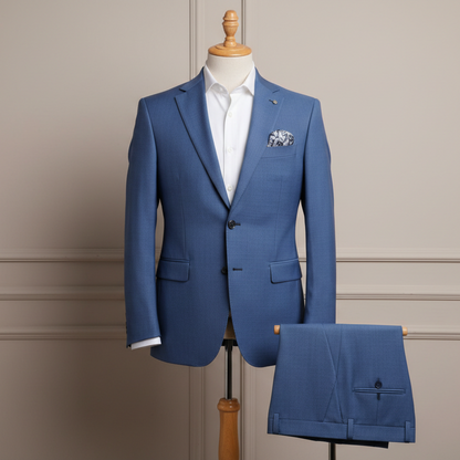 A blue tailored suit displayed on a mannequin torso with a white dress shirt and a patterned pocket square, with matching trousers draped below on a stand against a beige paneled wall.
