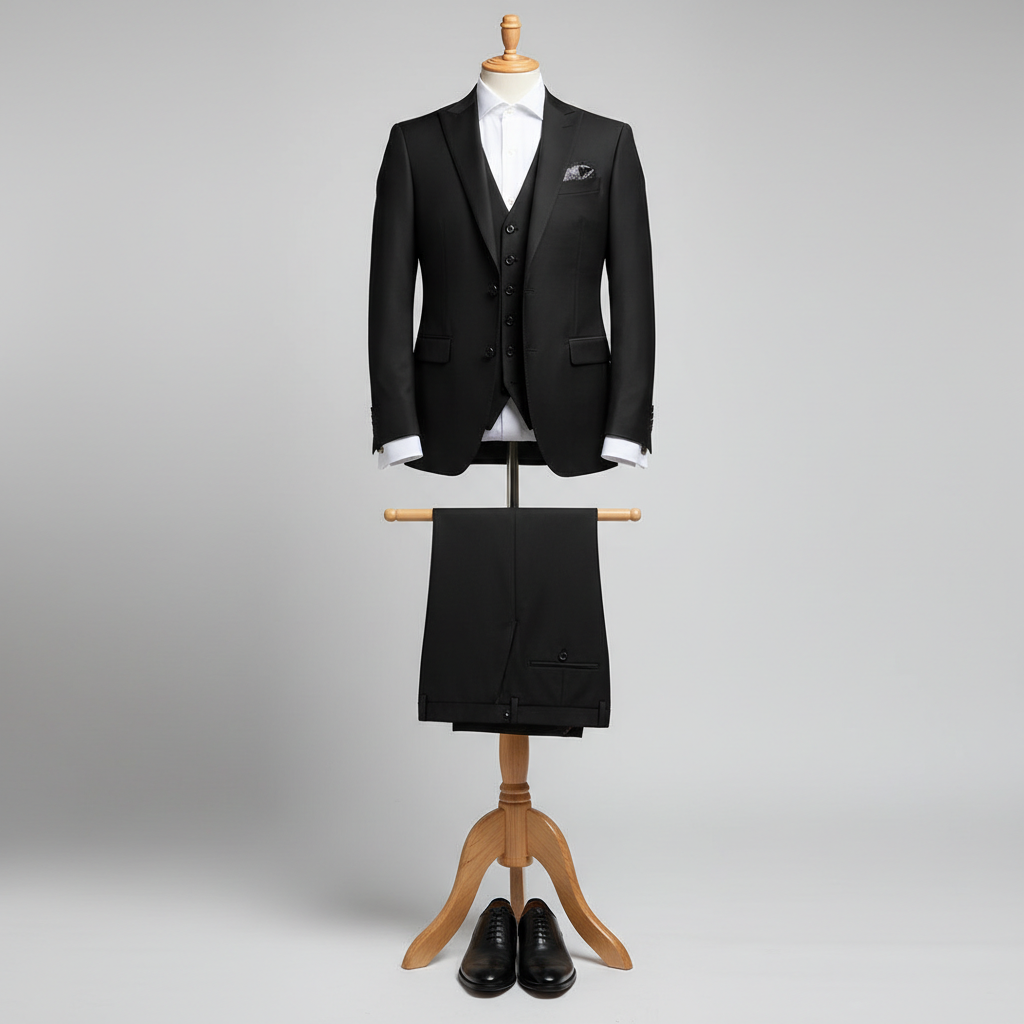 Three piece black men’s suit displayed upright on a wooden stand. Slim-fit jacket and matching waistcoat with clean tailoring, paired with coordinated trousers folded neatly over the display bar. Styled with a white dress shirt. Clean studio background with soft, even lighting. 250:250