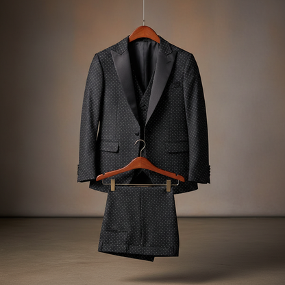 Three-piece black men’s tuxedo displayed on wooden hangers, featuring a slim-fit jacket with satin lapels and white dot detailing throughout, paired with a matching waistcoat and trousers. Presented in a refined studio setting with soft lighting highlighting the contrast and texture. 250:250