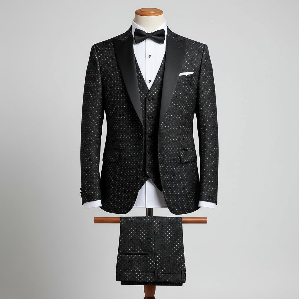 Three-piece black men’s tuxedo displayed upright on a wooden stand. Slim-fit jacket with black satin lapels and white dot embellishments evenly spaced across the fabric, layered over a matching waistcoat, with coordinated trousers folded neatly over the display bar. Styled with a white dress shirt and black bow tie. Clean studio background with soft, even lighting. 250:250