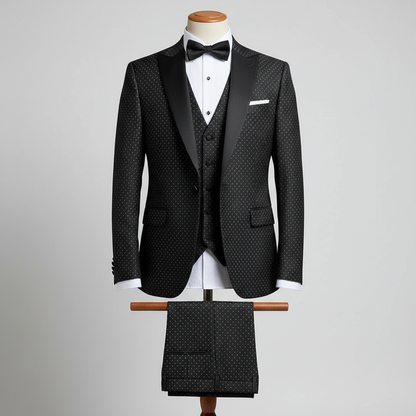 Three-piece black men’s tuxedo displayed upright on a wooden stand. Slim-fit jacket with black satin lapels and white dot embellishments evenly spaced across the fabric, layered over a matching waistcoat, with coordinated trousers folded neatly over the display bar. Styled with a white dress shirt and black bow tie. Clean studio background with soft, even lighting. 250:250