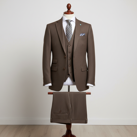 Three-piece brown men’s suit displayed upright on a wooden stand. Slim-fit jacket and waistcoat crafted in a fine herringbone weave, formed by subtle diagonal lines throughout the fabric, paired with matching trousers folded neatly over the display bar. Styled with a white dress shirt, patterned tie, and pocket square. Clean studio background with soft, even lighting highlighting the texture and line detailing. 250:250 ratio