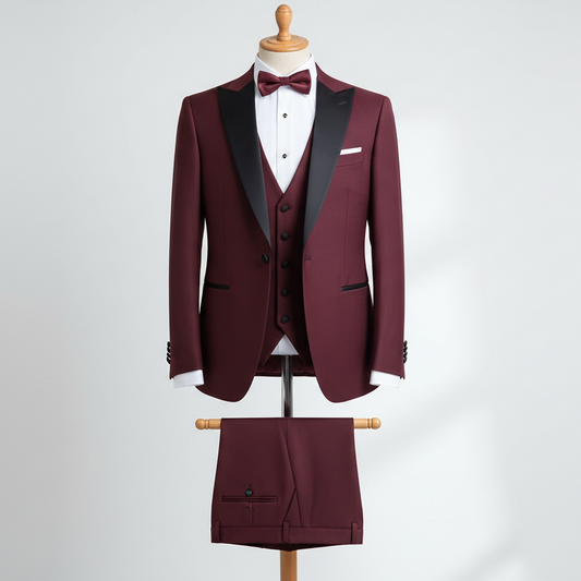 Three-piece burgundy men’s tuxedo displayed upright on a wooden stand. Slim-fit jacket in deep burgundy with black satin shawl lapels, layered over a matching burgundy waistcoat, with coordinated trousers folded neatly over the display bar. Styled with a white dress shirt and burgundy bow tie. Clean studio background with soft, even lighting highlighting the satin contrast and rich color.