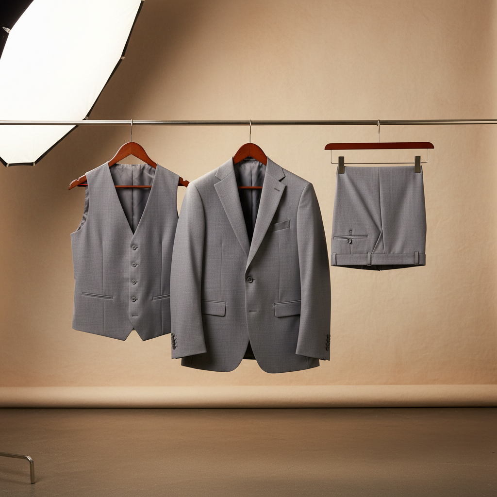 Three-piece light grey men’s suit displayed on wooden hangers, featuring a tailored jacket, matching waistcoat, and trousers. Smooth fabric with a refined finish, presented in a warm studio setting with soft lighting highlighting structure and fit. 250:250