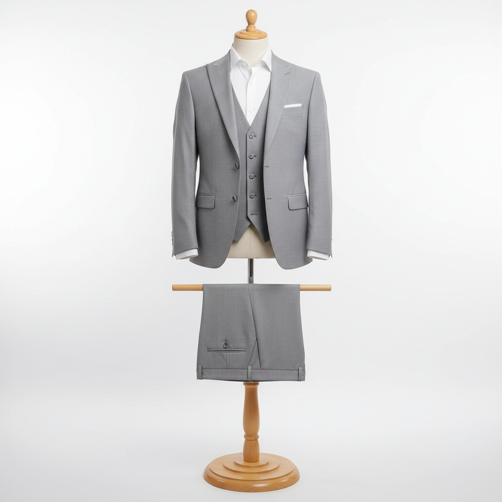 Three-piece light grey men’s suit displayed upright on a wooden stand. Slim-fit jacket and matching waistcoat with clean tailoring, paired with coordinated trousers folded neatly over the display bar. Styled with a white dress shirt. Clean studio background with soft, even lighting. 250:250
