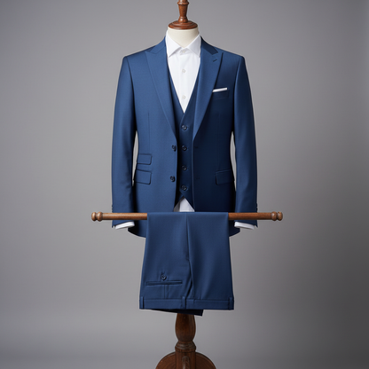 Three-piece light ocean blue men’s suit displayed upright on a wooden stand. Slim-fit jacket and matching waistcoat with clean tailoring, paired with coordinated trousers folded neatly over the display bar. Styled with a white dress shirt. Clean studio background with soft, even lighting. 250:250