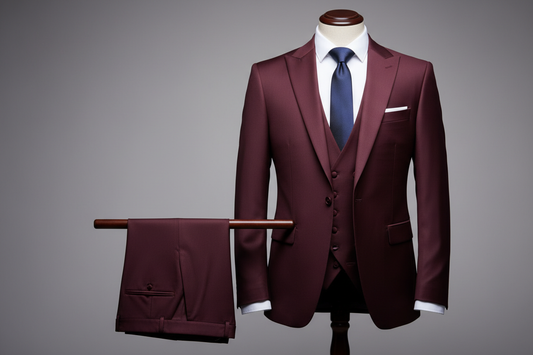 Three-piece men’s suit displayed upright on a wooden stand, crafted in a rich burgundy fabric with a smooth, modern finish. The tailored jacket features a slim-fit cut with sharp shoulders and a clean two-button closure, layered over a matching burgundy waistcoat. Coordinated trousers are folded neatly over the display bar beside the jacket. Styled with a crisp white dress shirt and a classic dark tie, creating a bold and elegant contrast. Presented against a soft studio background with balanced lighting, s