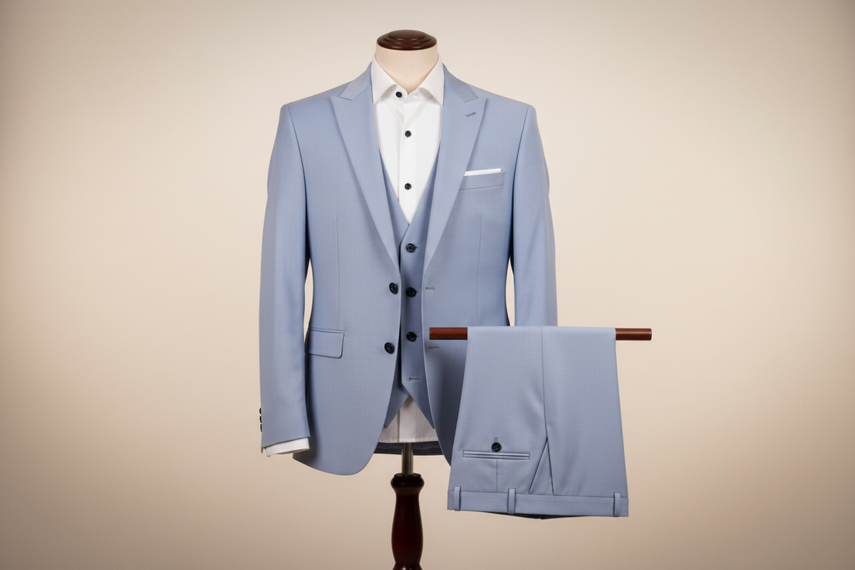 Three-piece men’s suit displayed upright on a wooden stand, crafted in a soft pastel light-blue fabric with a smooth modern finish. The slim-fit jacket features sharp shoulders and a clean two-button closure, layered over a matching light-blue waistcoat. Coordinated trousers are folded neatly over the display bar beside the jacket. Styled with a crisp white dress shirt featuring contrasting black buttons and a clean white pocket square. Presented against a soft studio background with even lighting, highligh