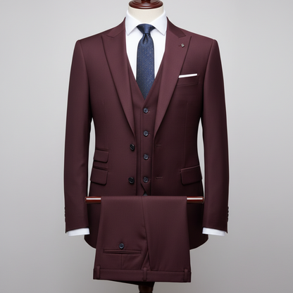 Maroon suit with a blue tie on a mannequin against a gray background