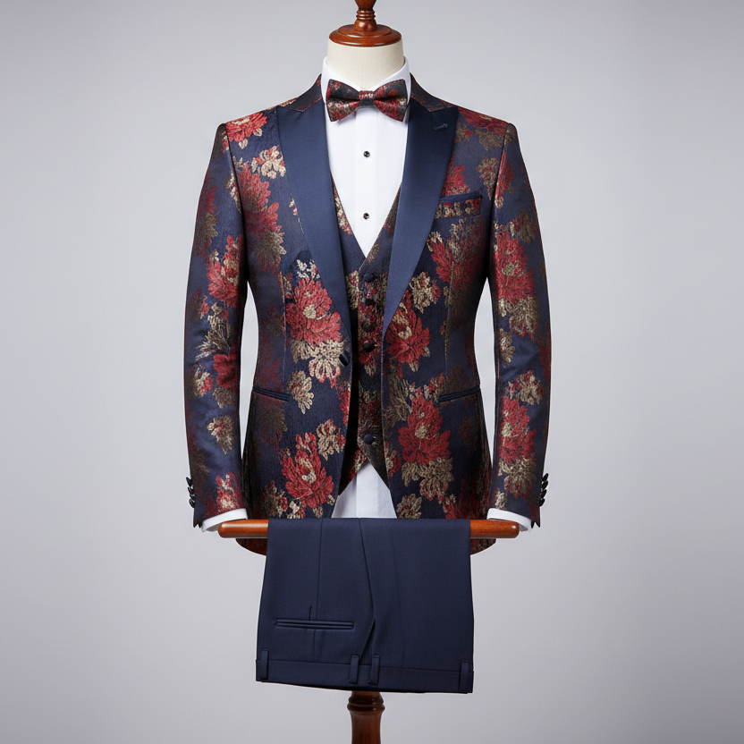 Three-piece men’s tuxedo displayed upright on a wooden stand. Slim-fit jacket crafted in deep navy fabric with bold red and gold floral jacquard pattern, finished with navy satin shawl lapels. Layered over a matching patterned waistcoat, paired with solid navy tailored trousers folded neatly over the display bar. Styled with a white dress shirt and matching patterned bow tie. Clean studio background with soft, even lighting highlighting the floral detailing and satin contrast.