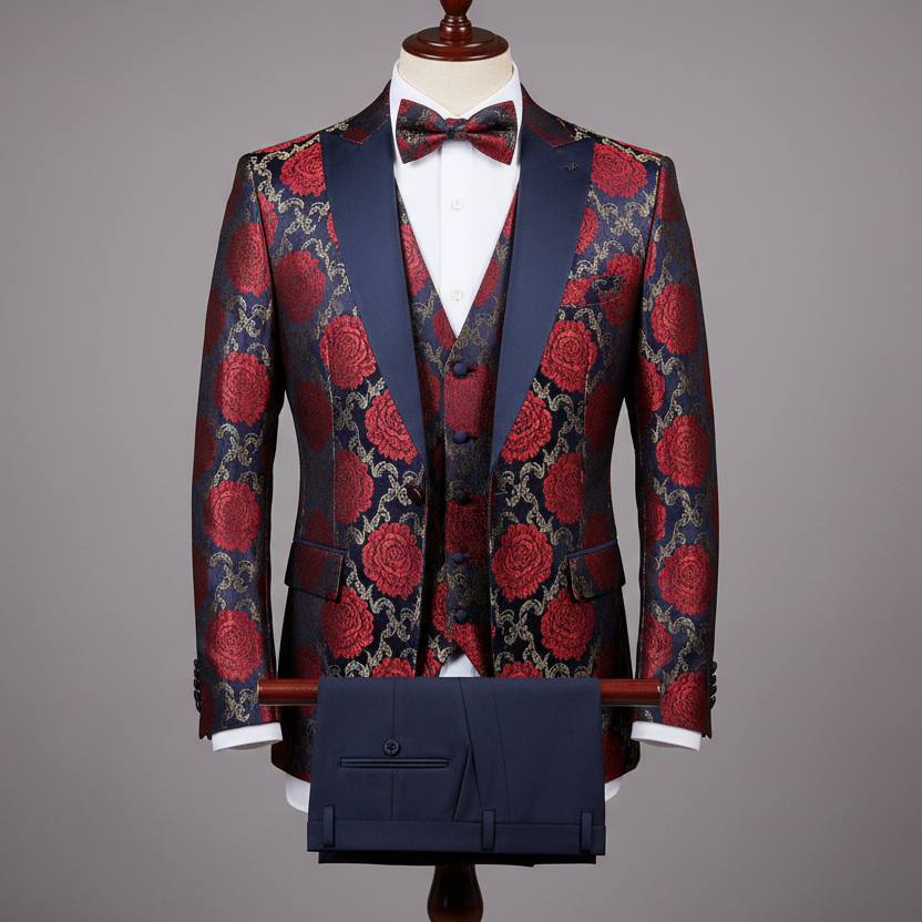 Three-piece men’s tuxedo displayed upright on a wooden stand. Slim-fit jacket crafted in deep navy fabric with bold red and gold floral jacquard pattern, finished with navy satin shawl lapels. Layered over a matching patterned waistcoat, paired with solid navy tailored trousers folded neatly over the display bar. Styled with a white dress shirt and matching patterned bow tie. Clean studio background with soft, even lighting highlighting the floral detailing and satin contrast.