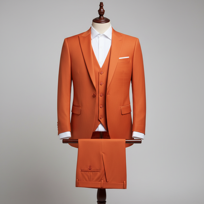 Three piece pure orange men’s suit displayed upright on a wooden stand. Slim-fit jacket and matching waistcoat with clean tailoring, paired with coordinated trousers folded neatly over the display bar. Styled with a white dress shirt. Clean studio background with soft, even lighting. 250:250