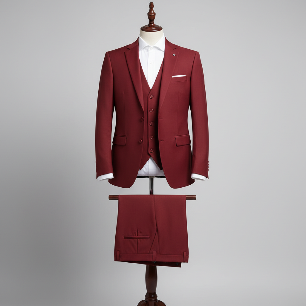 Three-piece pure red men’s suit displayed upright on a wooden stand. Slim-fit jacket and matching waistcoat with clean tailoring, paired with coordinated trousers folded neatly over the display bar. Styled with a white dress shirt. Clean studio background with soft, even lighting. 250:250
