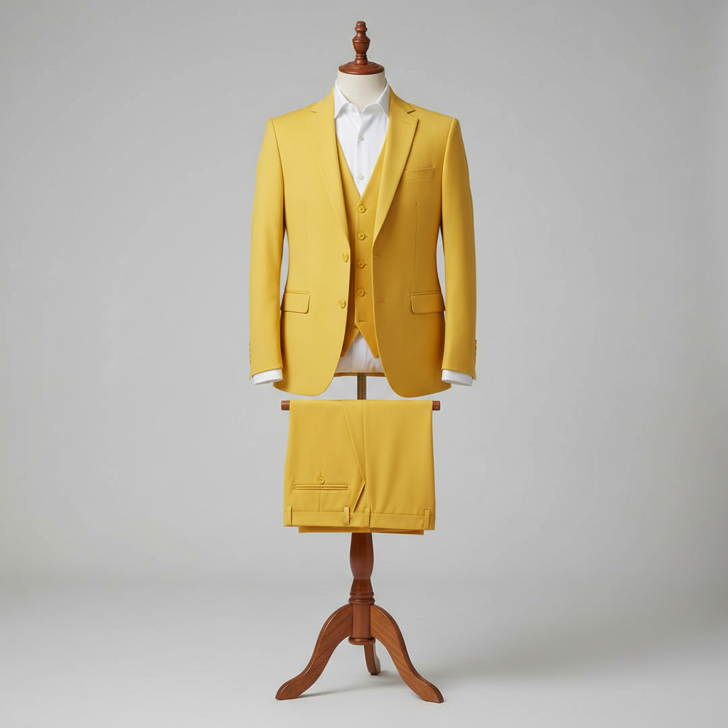 Three piece pure yellow men’s suit displayed upright on a wooden stand. Slim-fit jacket and matching waistcoat with clean tailoring, paired with coordinated trousers folded neatly over the display bar. Styled with a white dress shirt. Clean studio background with soft, even lighting. 250:250